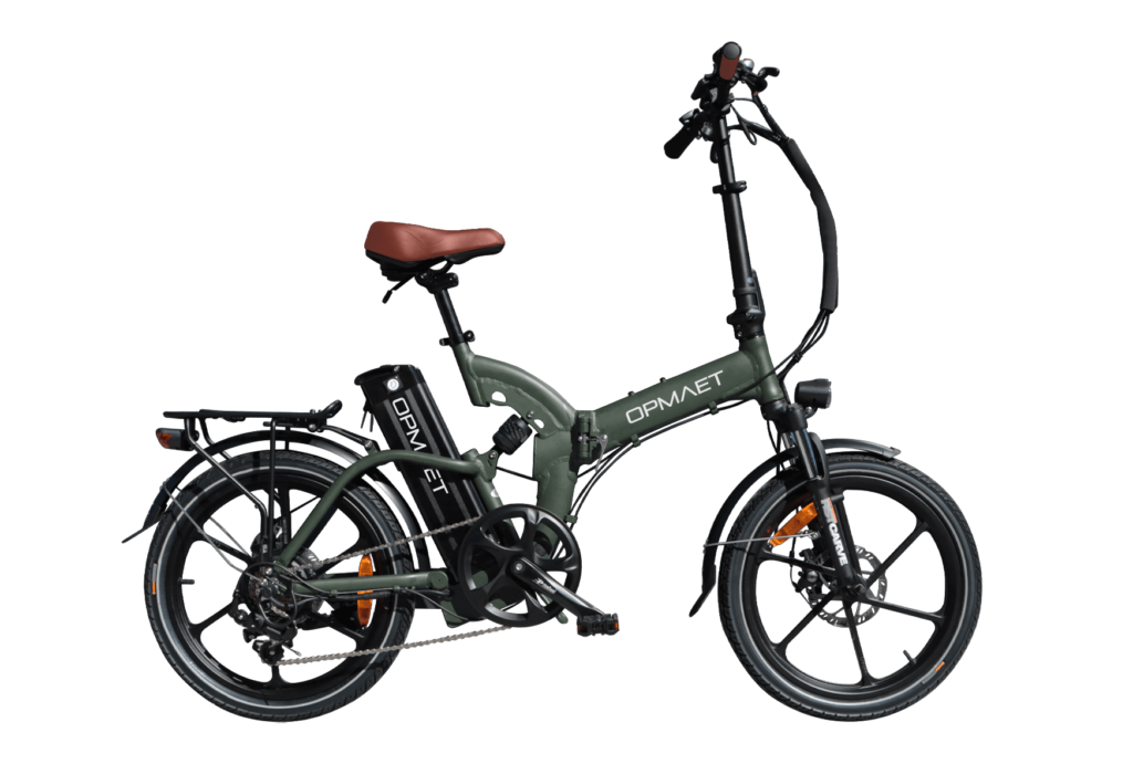Luxe stadsfiets in groen-bruin kleurenschema met lederen details.