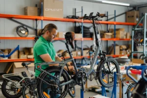 Monteur werkt aan een Opmaet vouwfiets op een montagestandaard en bevestigt een pedaal